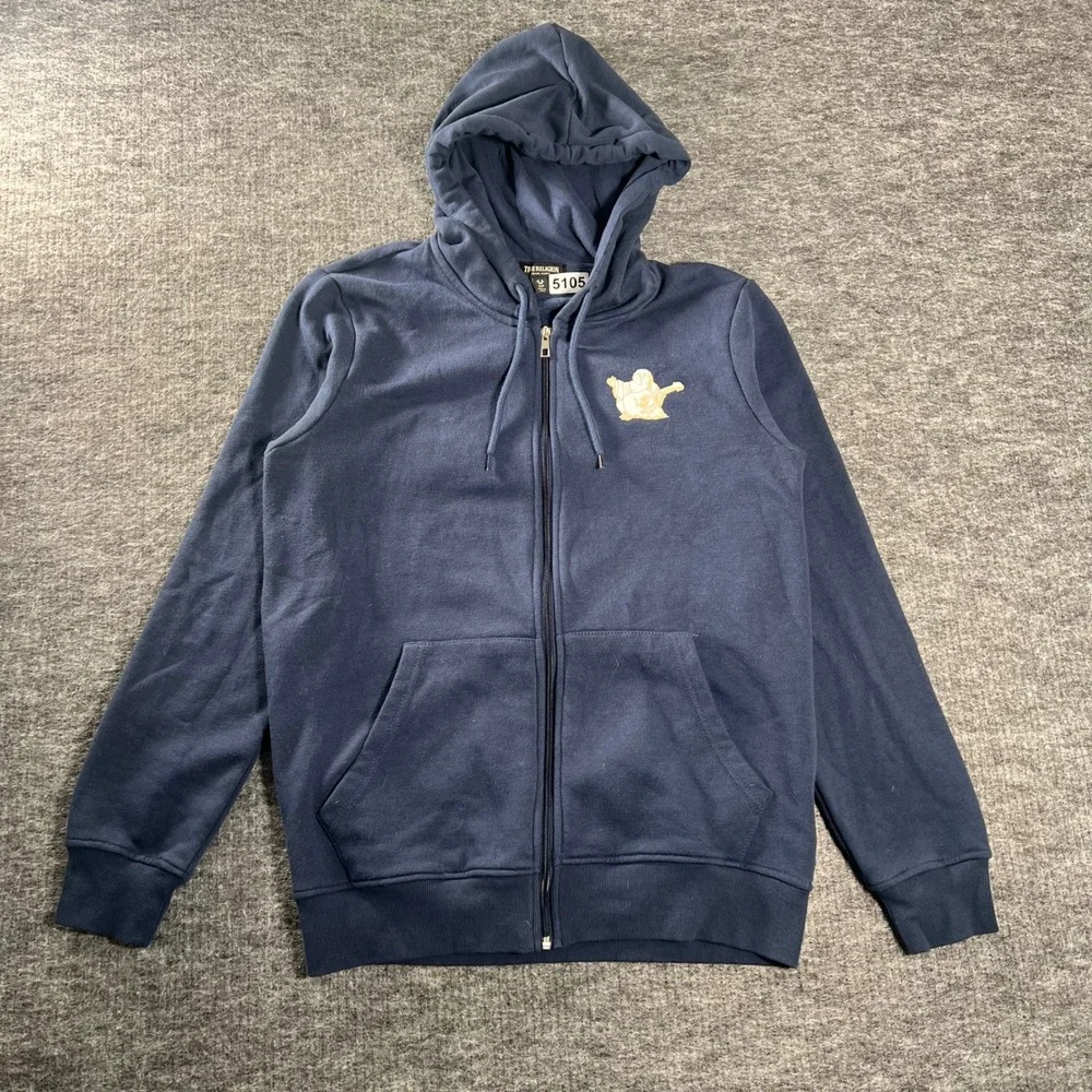 True Religion Mens Navy Blue Buddha Graphic Full Zip Hoodie Sweatshirt Small